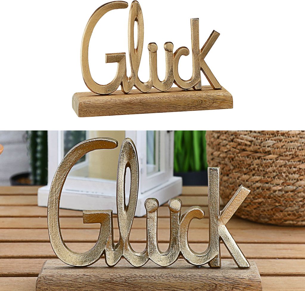 Schriftzug 'Glück' gold 25x18x6,5cm Mangoholz Aluminium Dekoaufsteller Tischdeko Aufsteller