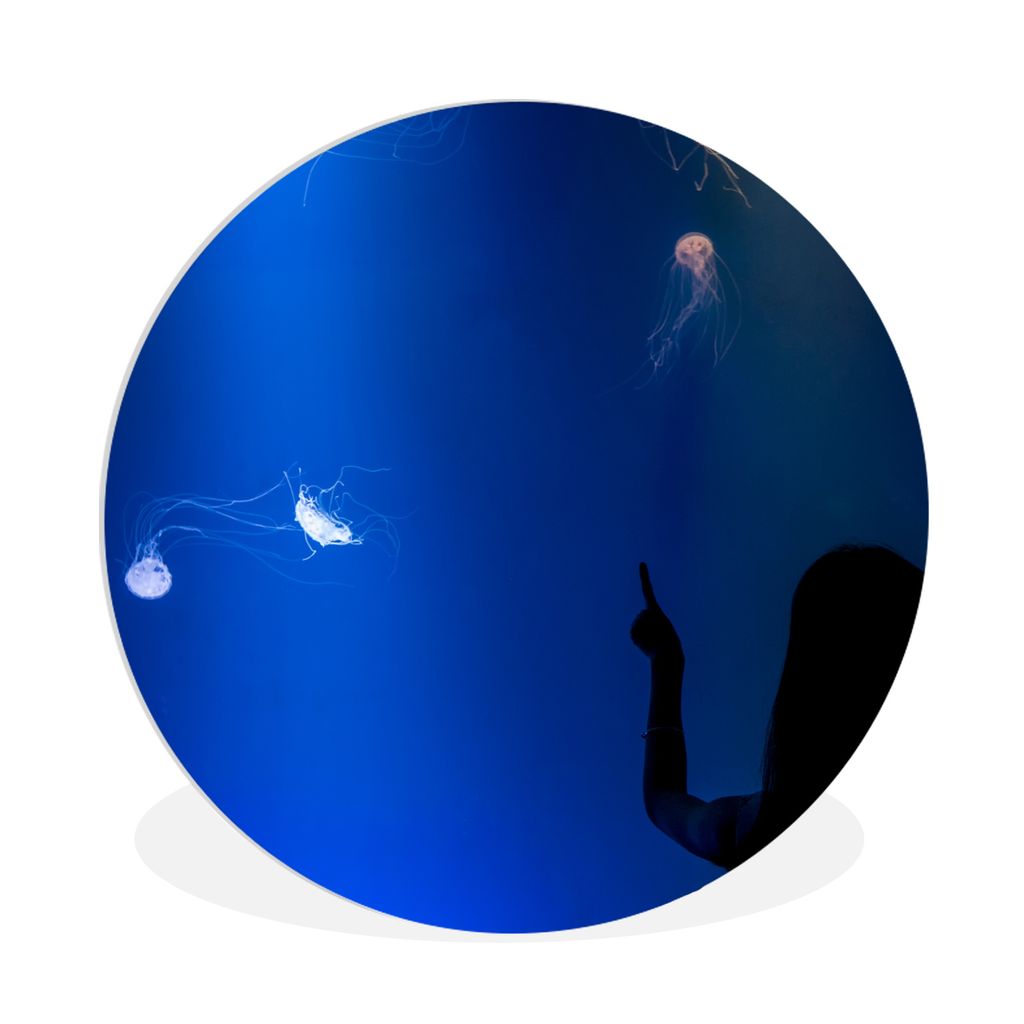 MuchoWow Rundes Wandbild - Runde Bilder Ein Mädchen betrachtet eine blaue Qualle Ø 90 cm Kreis Wanddekoration Kunststoff - Wandkreis - Wandschm...