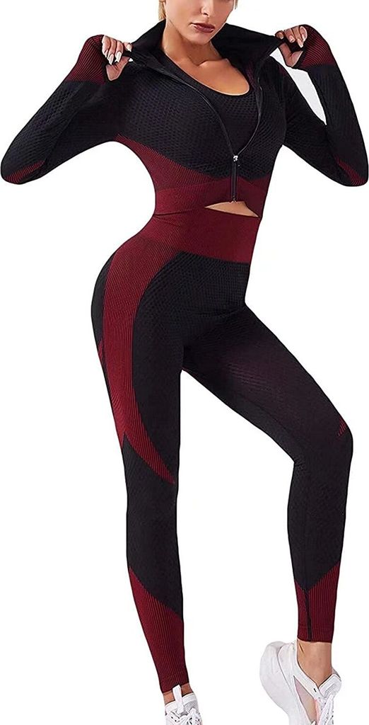ASKSA Damen Yoga Sportanzüge Langarm Crop Top + Leggings 2 Stücke Bekleidungs Sets Jogginganzug, Rot, L