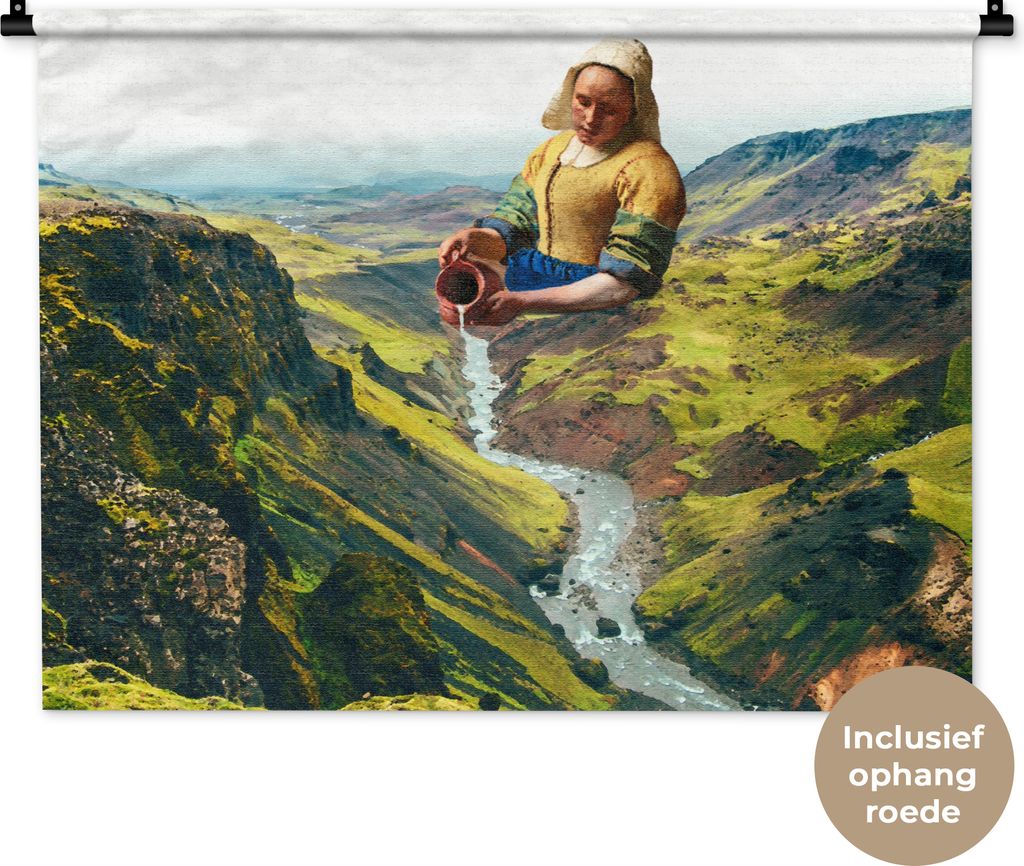 MuchoWow Wandteppich Wandbehang Milchmädchen - Vermeer - Natur 90x67.5 cm Tapisserie Dekoration Wandtuch - Fototeppich - Wand-Skulpturen