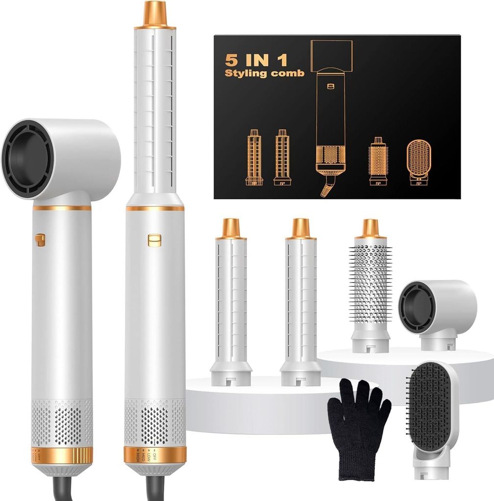 5 in 1 Airbrush mit 110000 U/MIN Warmluftbürste, Rundbürstenföhn, Föhn, Lockenstab, Glättbürste, Airstyler für Alle Haartypen,Trocknen,Glät...