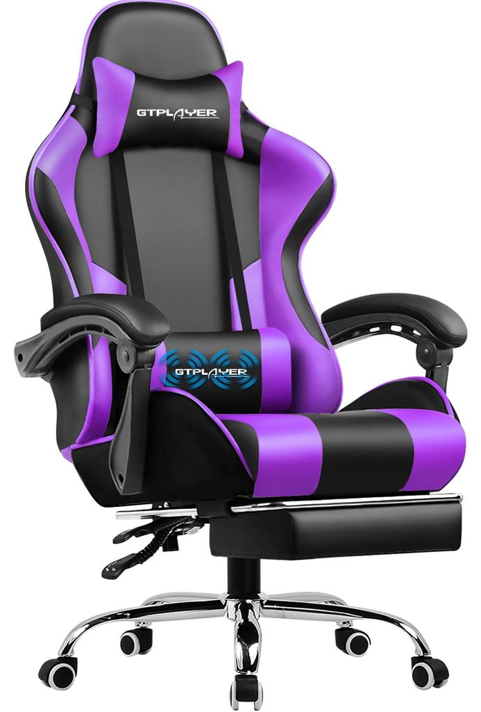 Gaming Stuhl - Ergonomischer Bürostuhl - Massagefunktion, Ausziehbare Fußstütze, Kopfstütze & Lendenkissen, Höhenverstellbar, Belastbar bis 15...