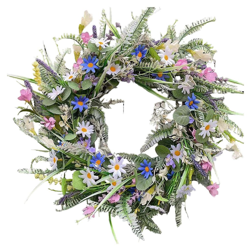 Künstlicher Frühlingsblumenkranz für die Haustür mit bunten Blüten und Eukalyptusblättern, 45 cm, für drinnen und draußen, Landhausstil, Fr...