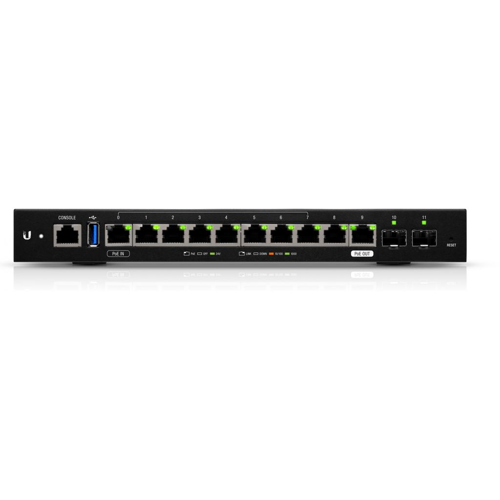 The front view of a black Ubiquiti EdgeRouter ER-12.