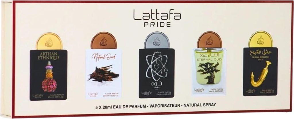 A gift set of five small perfume bottles with individual packaging, presented in a larger box.