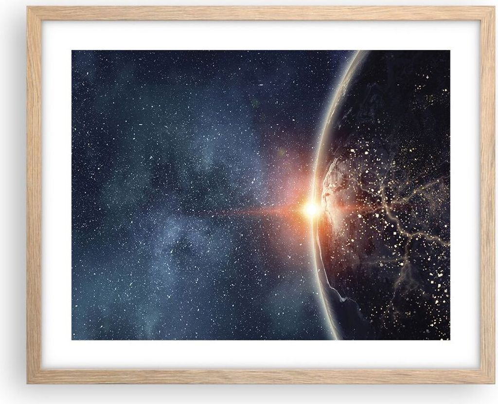 Gerahmtes Poster - Rahmen in heller Eiche - Kosmos Erde Sonne - 50x40 cm - Wand Bild - Wanddeko - Wandbilder - Wandposter - Bilderrahmen - Bilder -...