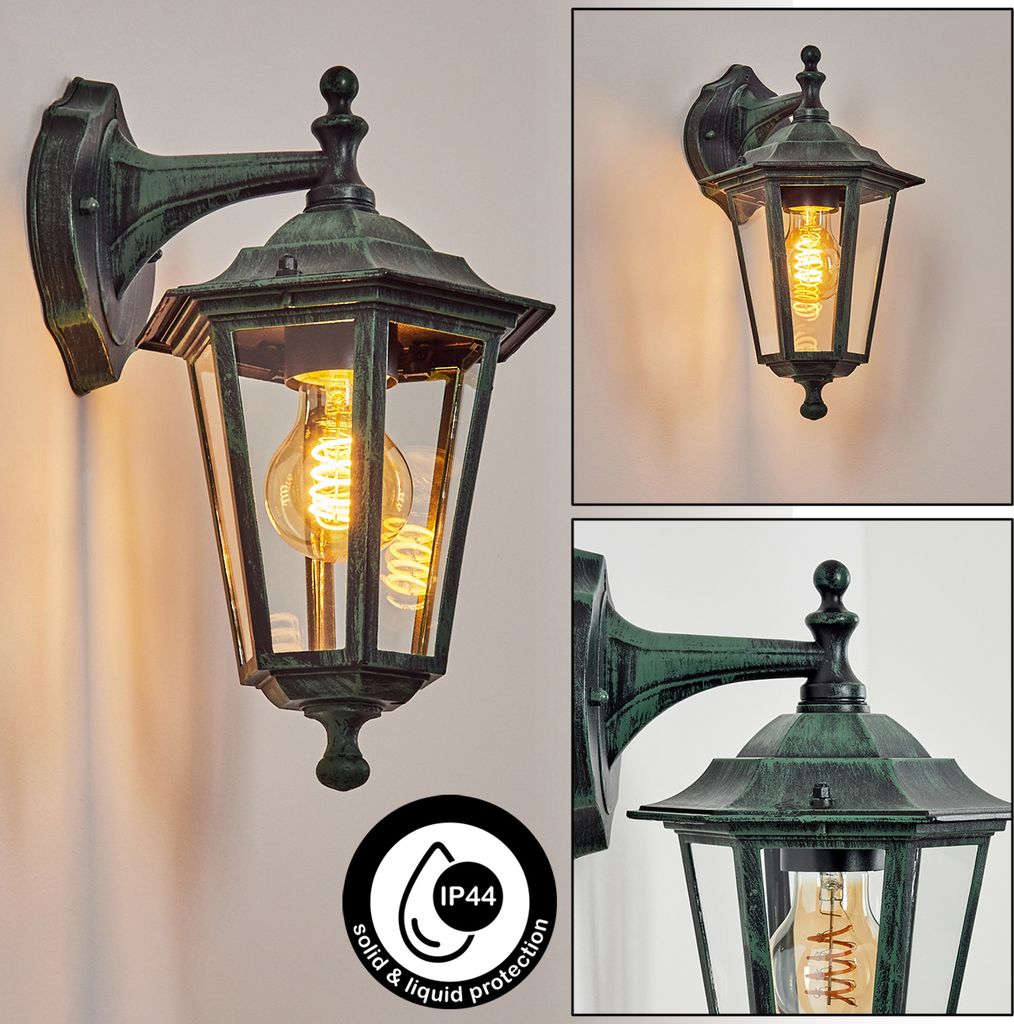 Rivale Wandlampe abwärts in antikem Look aus Metall/Glas in Schwarz/Gün/Klar