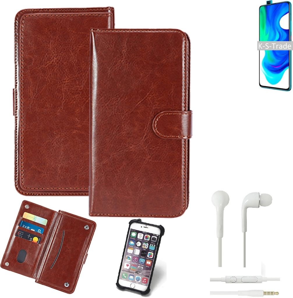 K-S-Trade 360° Hülle kompatibel mit Xiaomi Poco F2 Pro inkl. Headphones braun Kunstleder Case BookCase WalletCase Kunstlederederhülle Handyhülle,