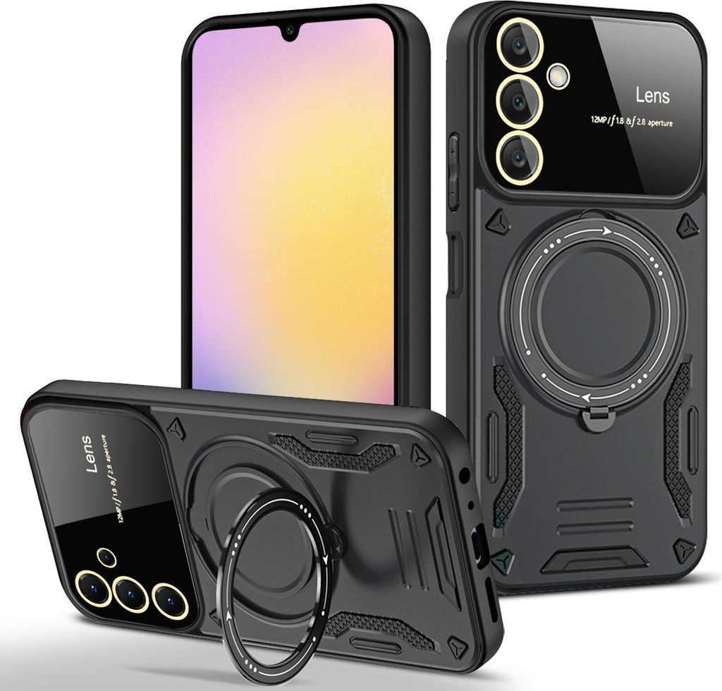 Rüstung Handyhülle für Samsung Galaxy A25 Dual-Layer Ringhalter Ständer Hülle Schwarz
