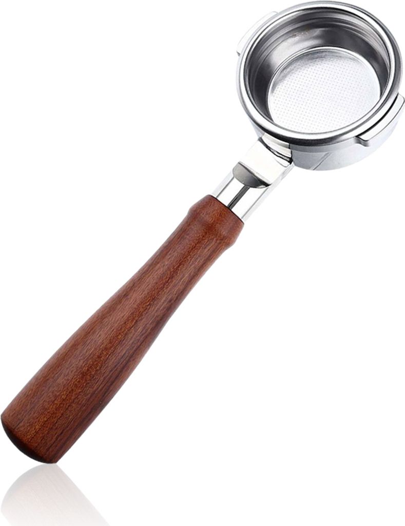 58 mm bodenloser Siebtraeger Expresso Bodenloser nackter Siebtraeger aus Edelstahl und Massivholz. Filter/Korb/Loeffel und Reinigungsbuerste im Lie...