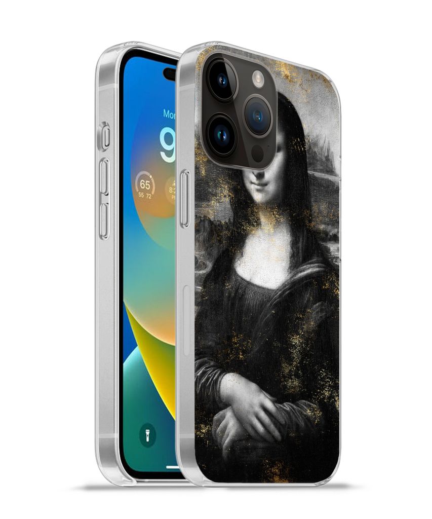 MuchoWow Handyhülle Schutzhülle Hülle für Apple iPhone 14 Pro - Softcase Mona Lisa - Gold - Schwarz Silikon Softcase Handy Hülle - Umschlag