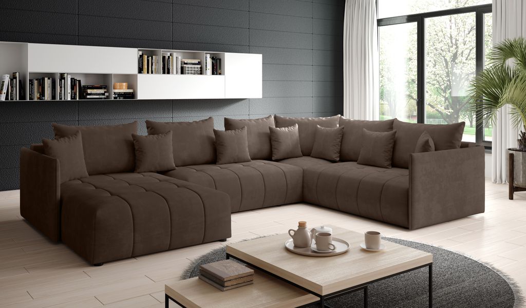 KAJTOS ASPEN BIS Links - Ecksofa mit Schlaffunktion - Bettkasten - Rückenkissen - Steppungen & Holzrahmen – 339x239 cm – dunkelbraun MONOLITH 29