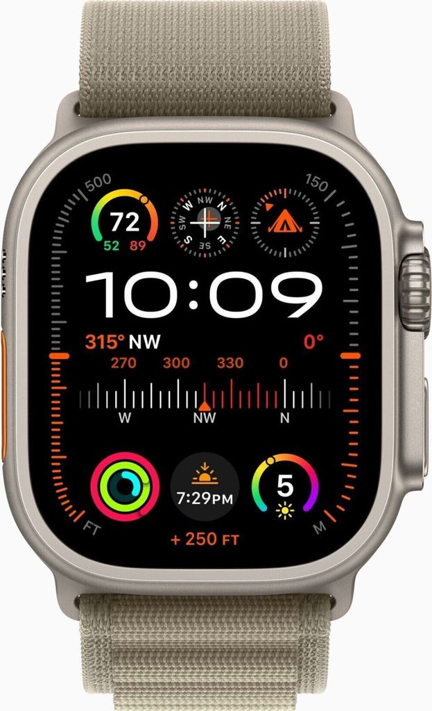 A close-up view of an Apple Watch Ultra 2 with its watch face displaying various metrics and the time.
