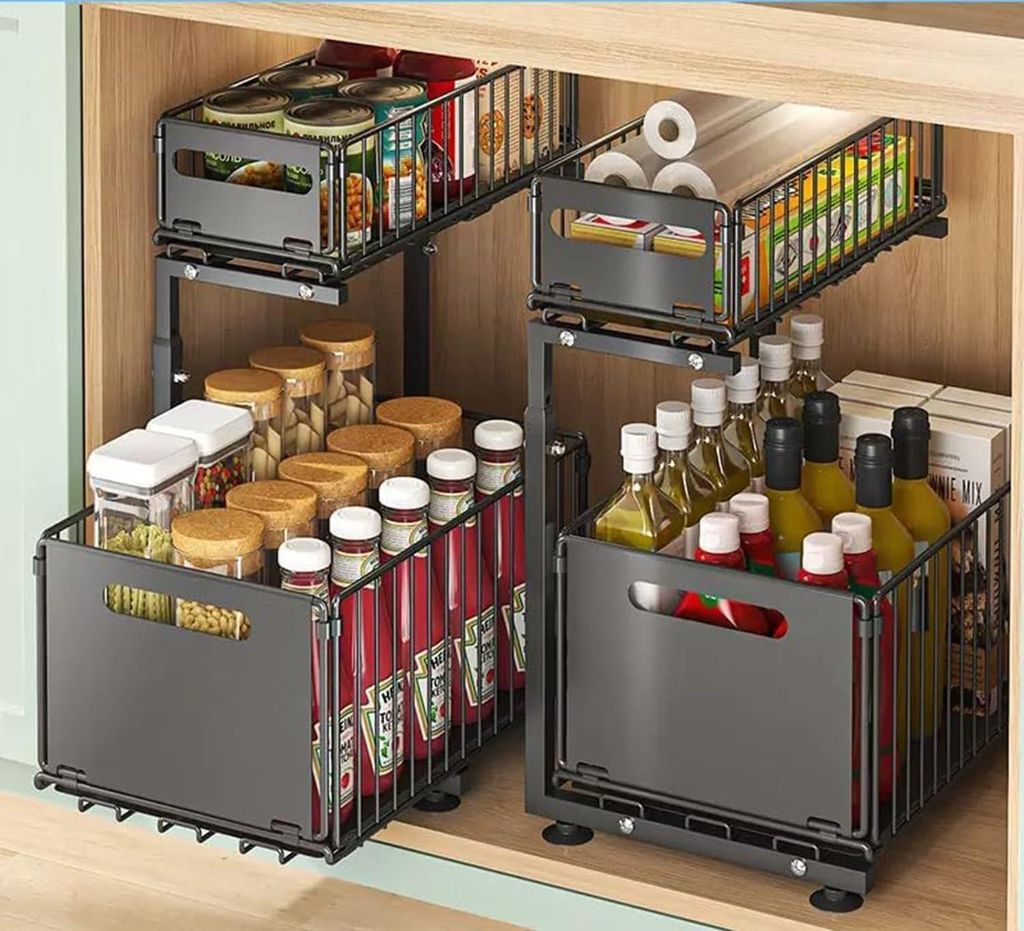 1 Piece Base Cabinet Organiser, Carbon Steel, Pull Out Kitchen Organiser Cabinet for Bathroom & Kitchen, Two-Layer Sink Organiser, Extendable, Adju...