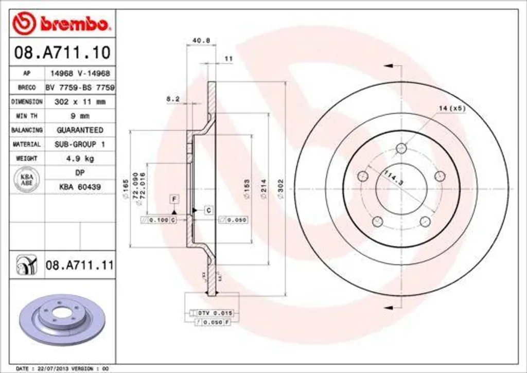 Disque de frein anti-corrosion Brembo 08.A711.11 fonte carbone