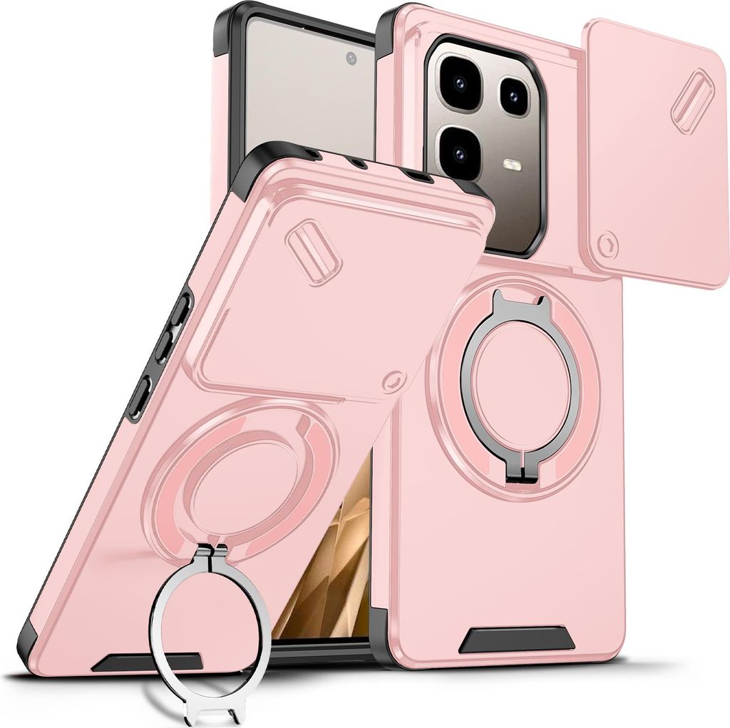 Handyhülle für Infinix Note 50 Pro 4G Dual-Layer Stoßfest Militär Hülle mit Dia Kameraschutz und Magnetisch Ring Ständer Pink