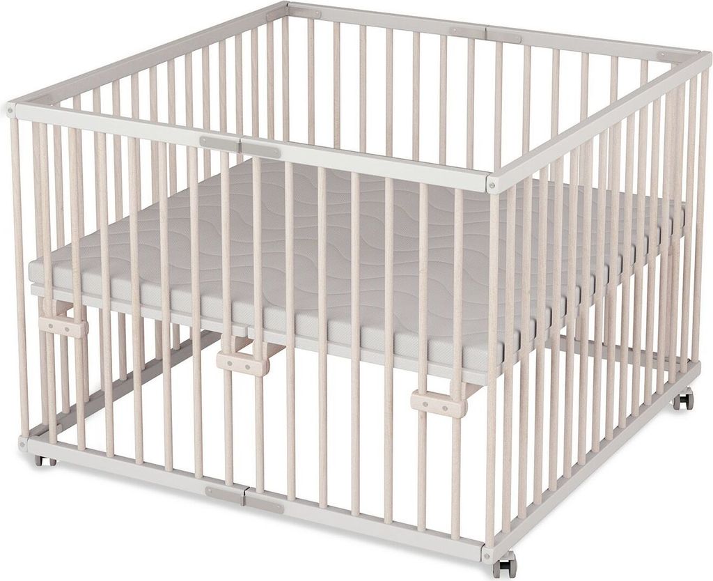 Laufgitter 100x100 cm faltbar mit Matratze - weiß/natur