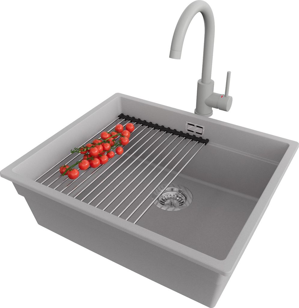 PRIMAGRAN Unterbauspüle Granit Grau 56x47cm, Spülbecken 1 Becken + Ablauf-Set + Küchenzubehörset, Granitspüle ab 60er Unterschrank - Praga