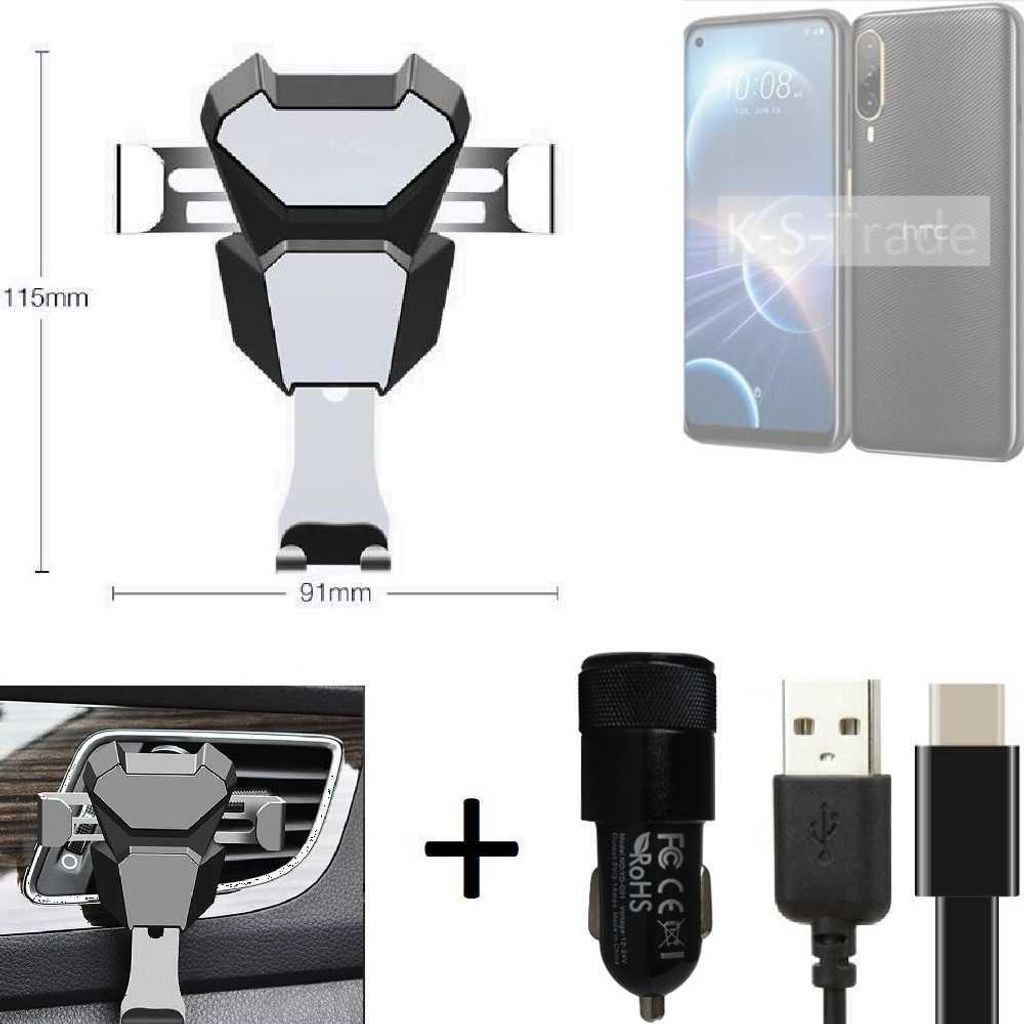 K-S-Trade Lüftungsschlitz Halterung kompatibel mit HTC Desire 22 Pro Lüftungshalterung Lüftungsgitter schwarz-silber Auto-Halterung Smartphone