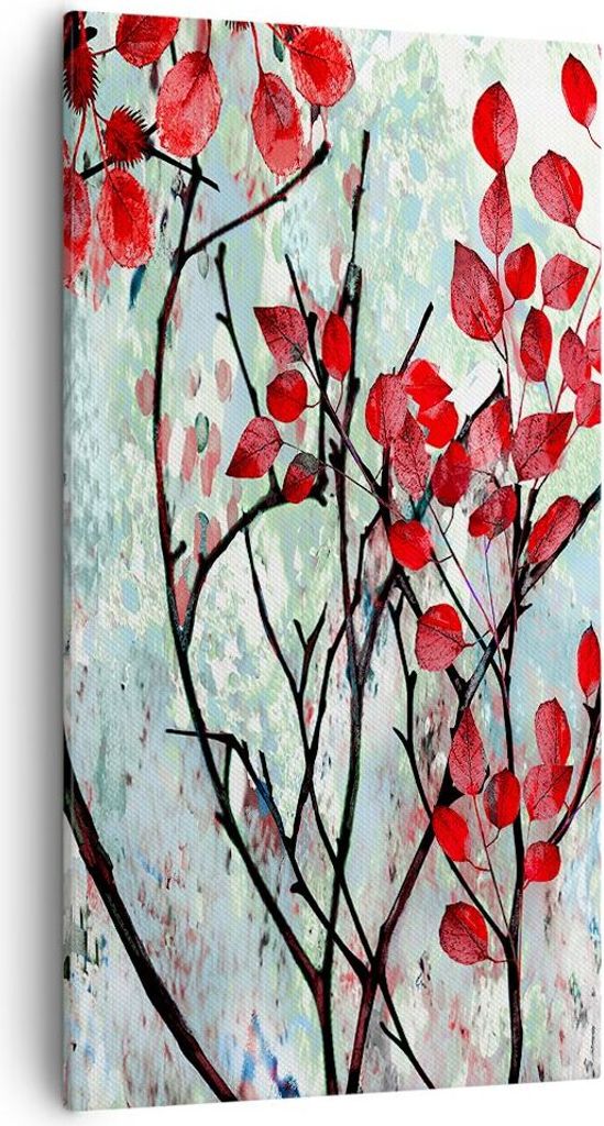 Bild auf Leinwand - Leinwandbild - Einteilig - Rot Blätter Zweige - 55x100cm - Wand Bild - Wanddeko - Wandbilder - Leinwanddruck - Bilder - Wandde...