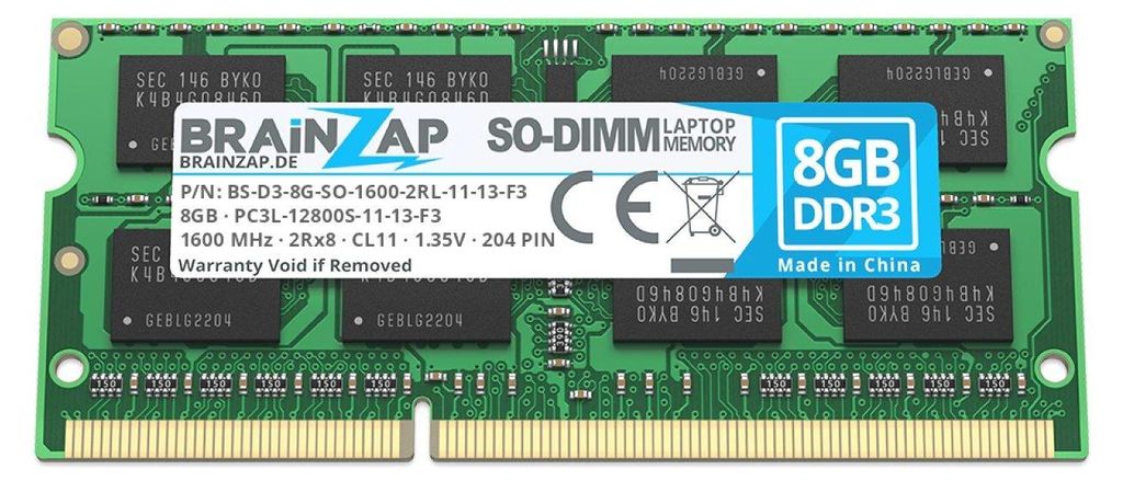 BRAINZAP 8GB DDR3 RAM SO-DIMM PC3L-12800S-11-13-F3 2Rx8 Produktbild 