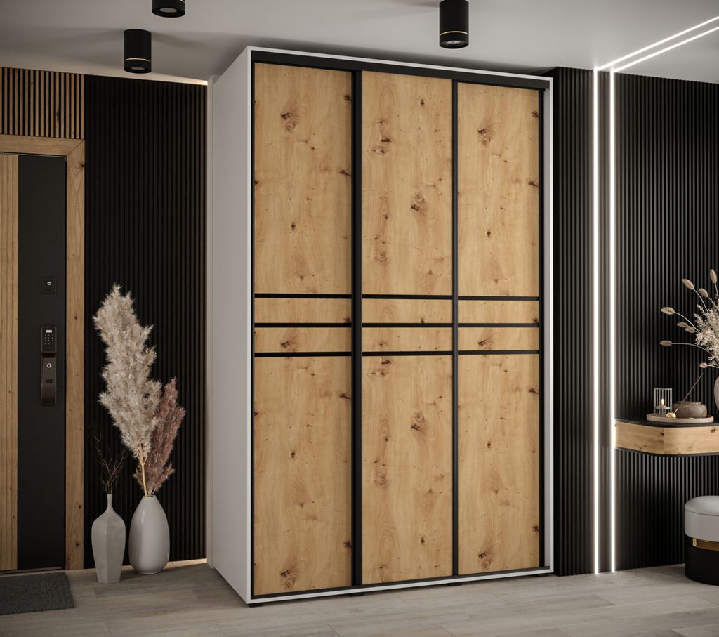 Kleiderschrank YVONA 10 - 150/60 cm, weiß / Eiche handwerklich / schwarz