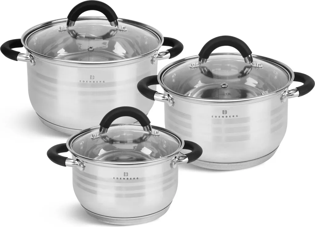 EDENBERG Set di pentole moderne da 6 pezzi, acciaio inox, set di pentole da cucina | set di pentole a induzione, pentole a induzione | set di pentole