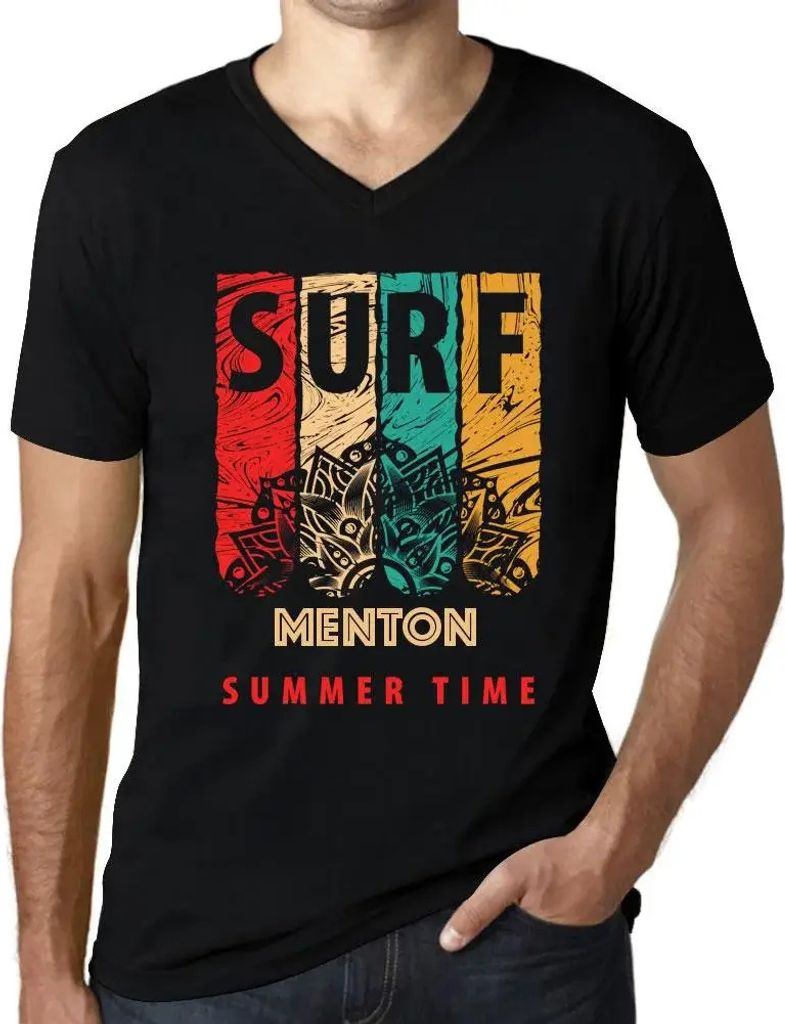 Herren Grafik T-Shirt V-Ausschnitt Sommerliches Surfen in Menton – Summer Time Surf In Menton – Öko-Verantwortlich Vintage Jahrgang Kurzarm Lu...