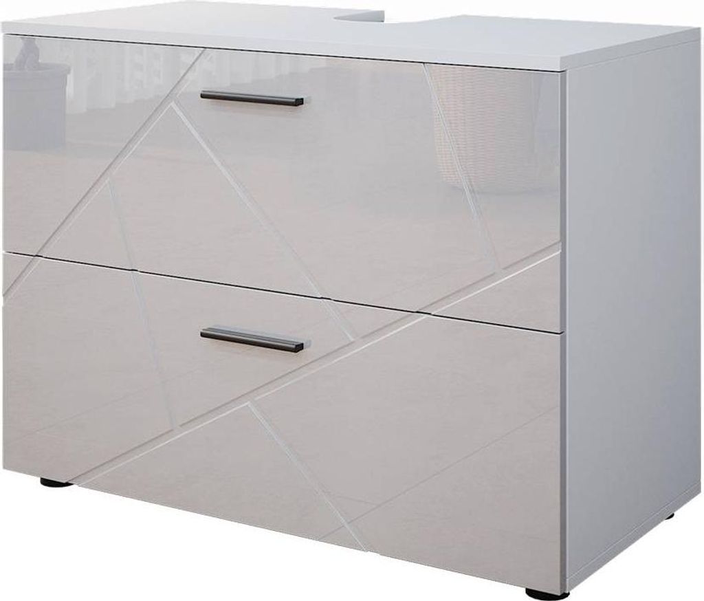 A white high-gloss vanity unit with two drawers and geometric detailing.