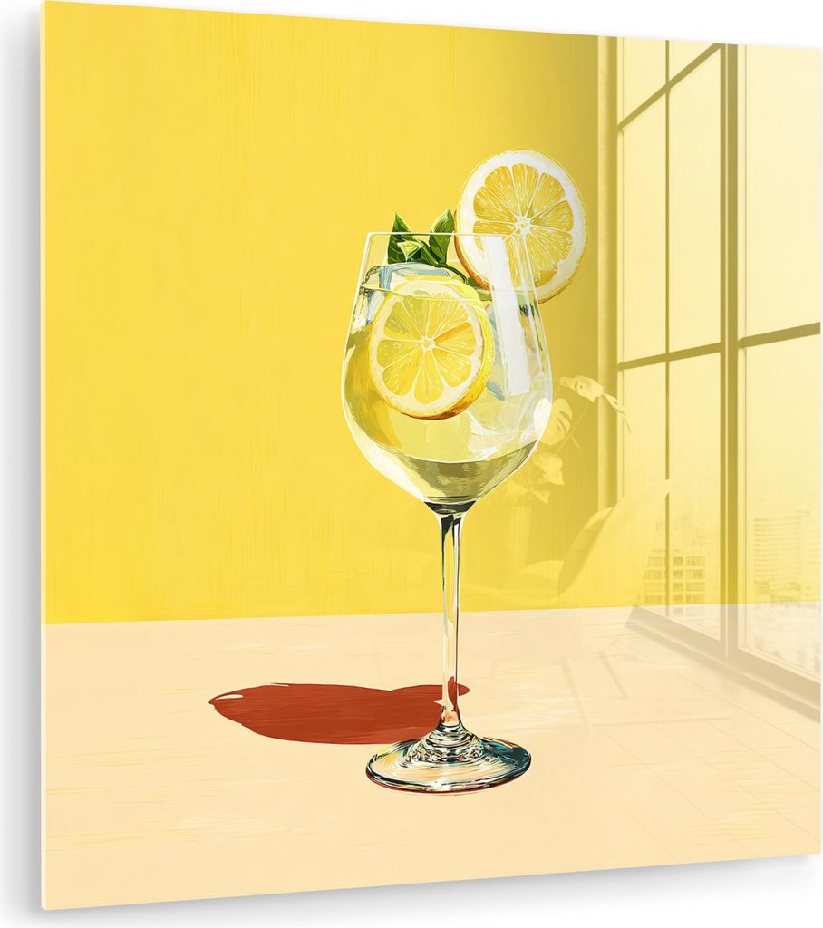 MuchoWow Glasbilder - Bilder auf Wandbild - Foto auf Glas Weinglas - Zitrone - Gelb - Minimalistisch 90x90 cm Wanddekoration aus Glas - Acrylglasbi...