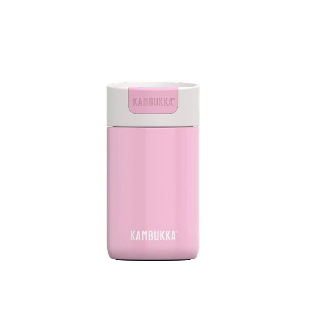 A pink Kambukka thermos bottle with a white lid is shown against a white background.