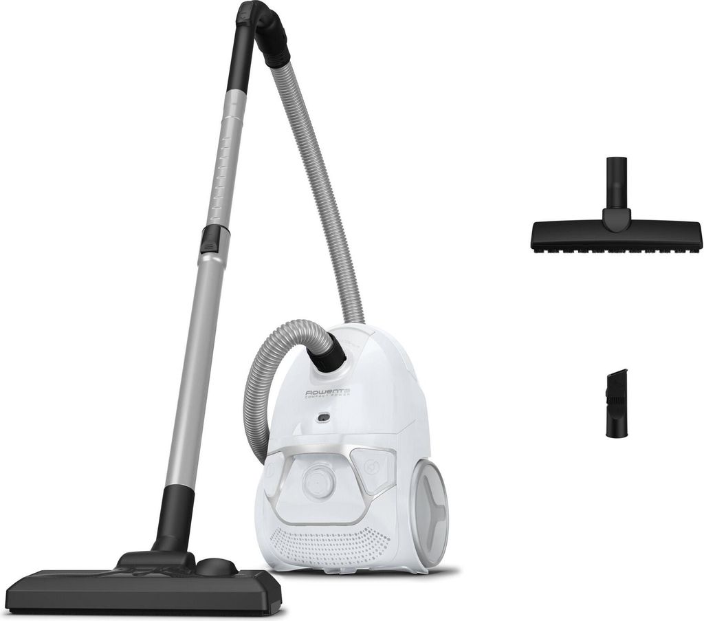A white and gray upright vacuum cleaner with its accessories displayed on a white background.