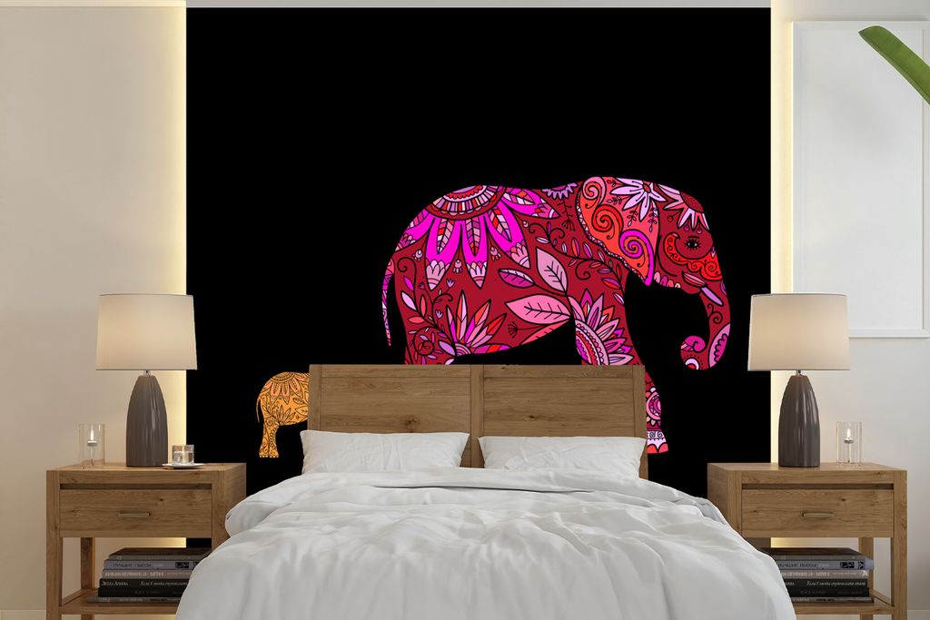 MuchoWow Fototapete für Wohnzimmer oder Schlafzimmer Wandtapete Vinyl Motivtapete Elefant - Muster - Blumen - Pflanzen - 220x220 cm - Tapeten