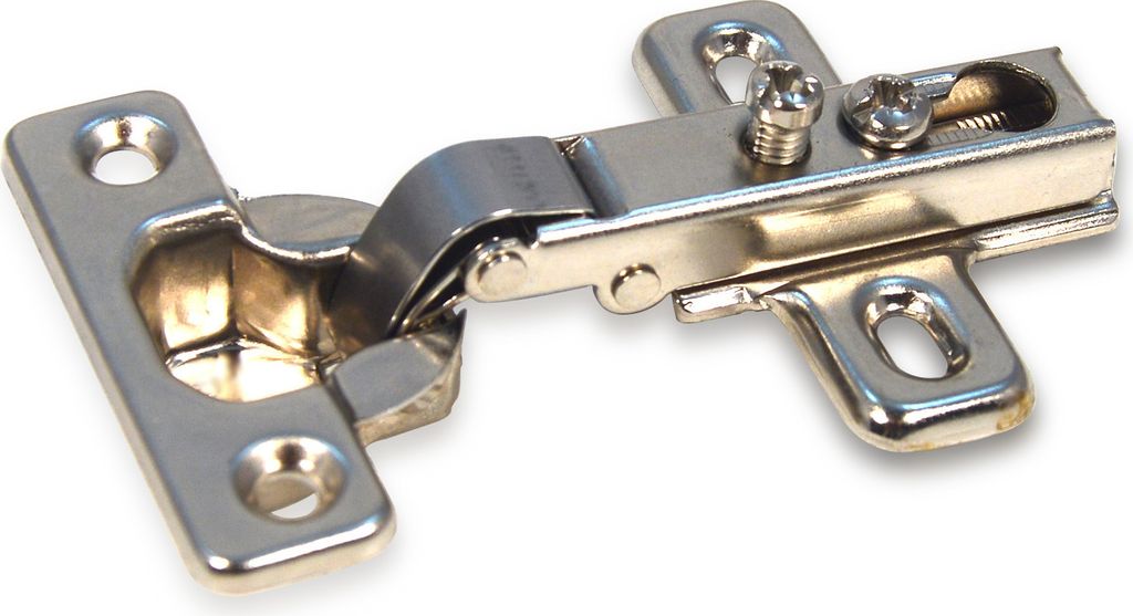 A close-up studio shot of a metal cabinet hinge against a white background.