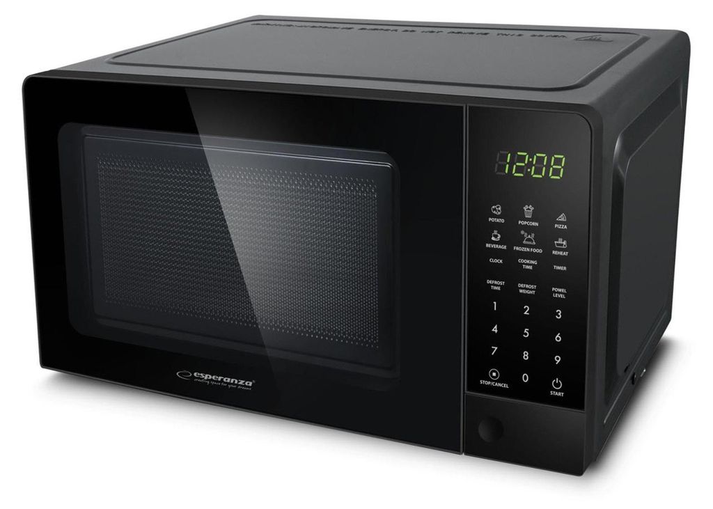 A black microwave oven is shown from a three-quarter front angle on a white background.