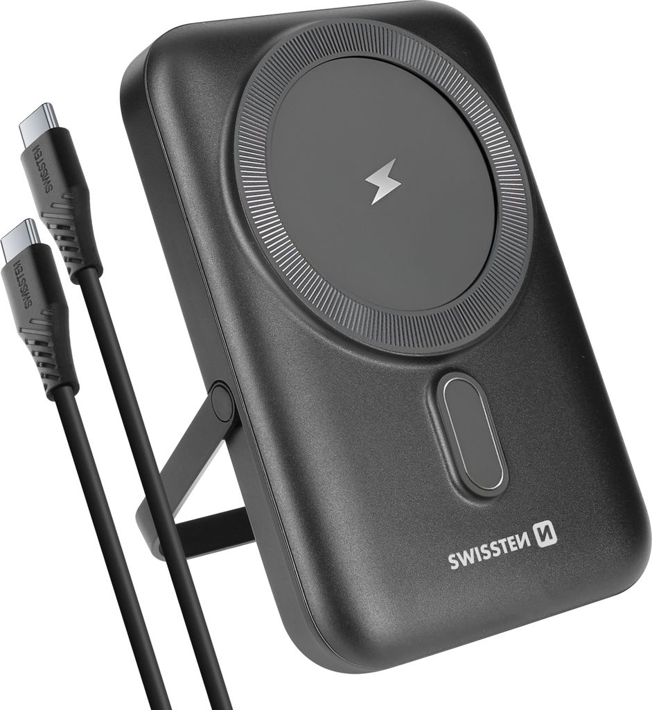 A black power bank with a magnetic charging surface and two USB-C cables is shown against a white background.