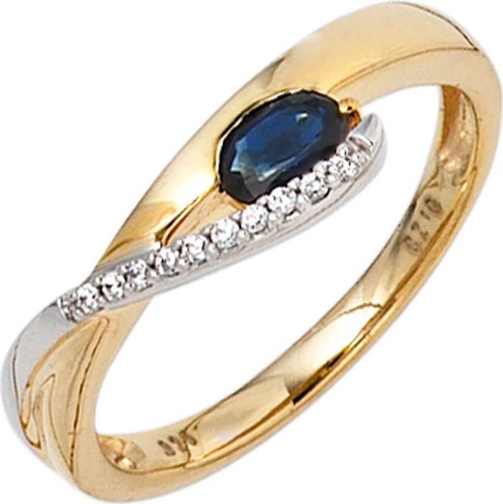 JOBO Damen Ring 333 Gold Gelbgold Weißgold 10 Zirkonia 1 blauer Safir Goldring Größe 54