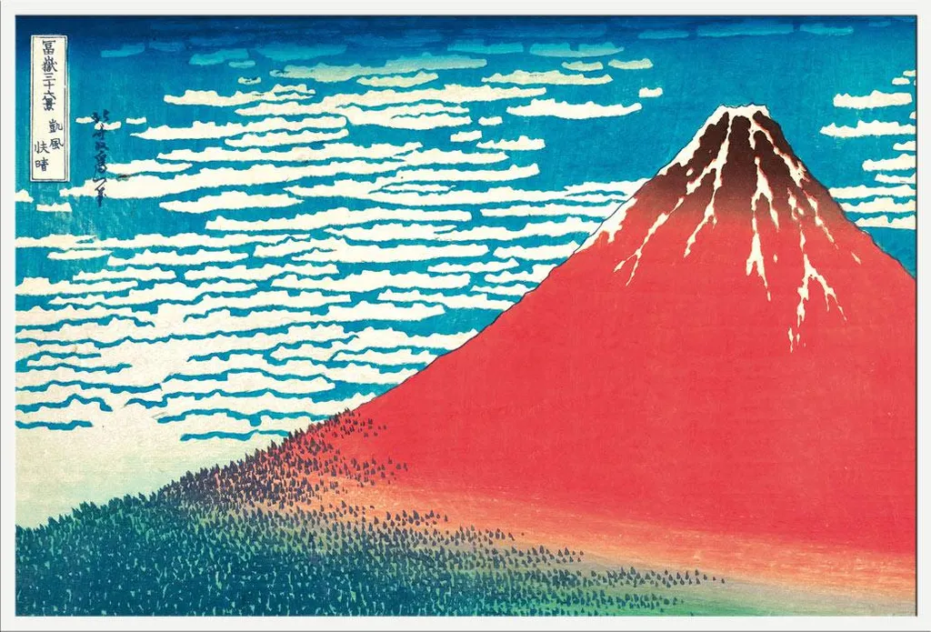 Décoration murale japonaise Red Fuji Hiroshige avec cadre blanc Shinsuke