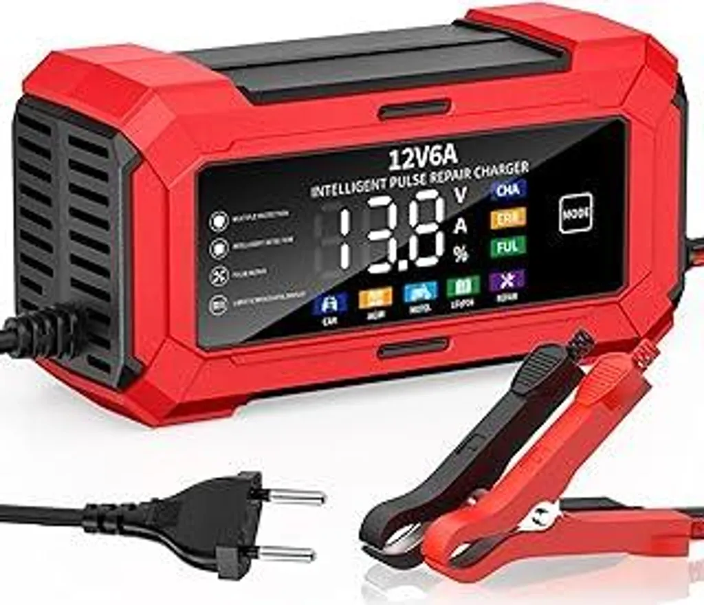 Caricabatteria per auto 6A 12V, caricabatteria per moto LiFePO4, caricabatteria per auto con funzione di riparazione automatica, caricabatteria per auto, camion, moto, barche, tosaerba (6A rosso)