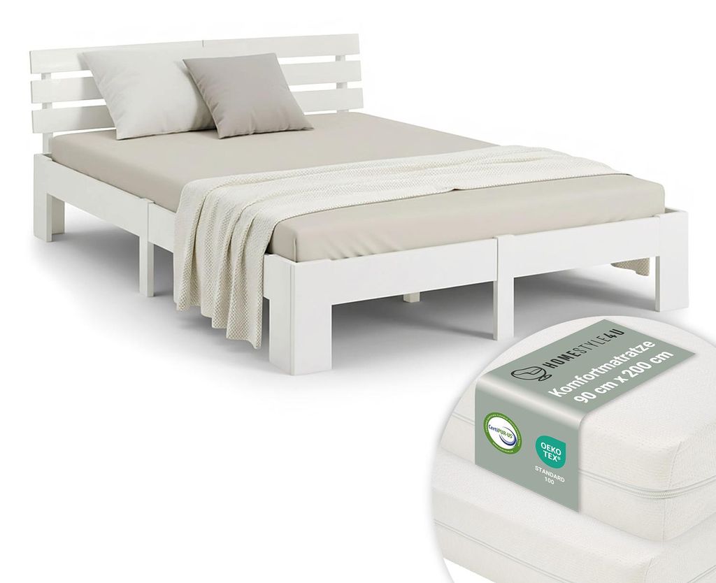 Lit double en bois 180x200 avec 2 matelas blanc pin Cadre Image du produit 
