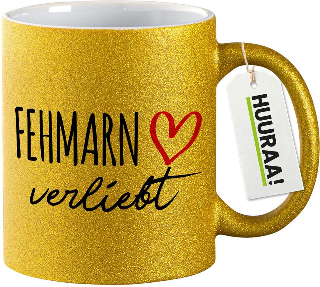 Huuraa Glitzertasse Fehmarn verliebt 330ml Gold Keramik Kaffeebecher Geschenkidee
