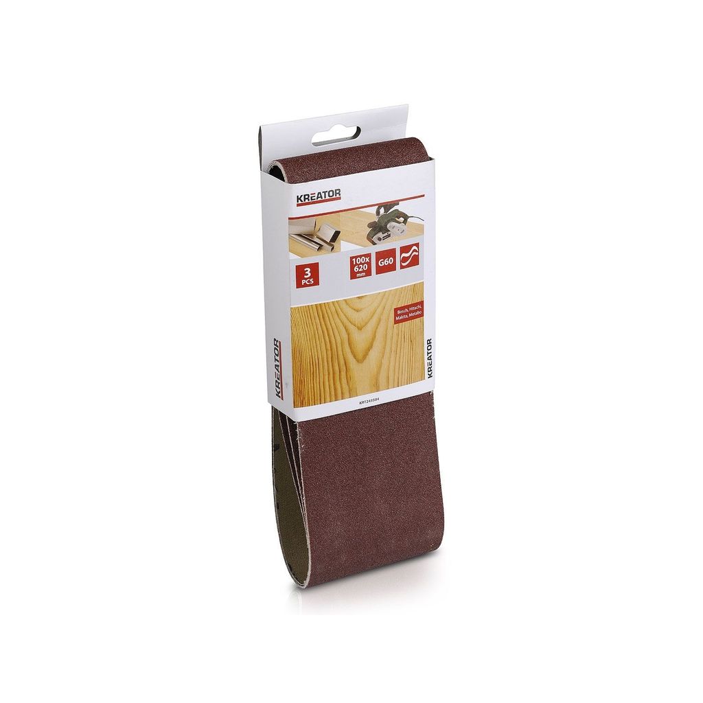 KREATOR Holz Schleifband für Bandschleifer - 3 Stück - Körnung G60 - 10 x 62 cm