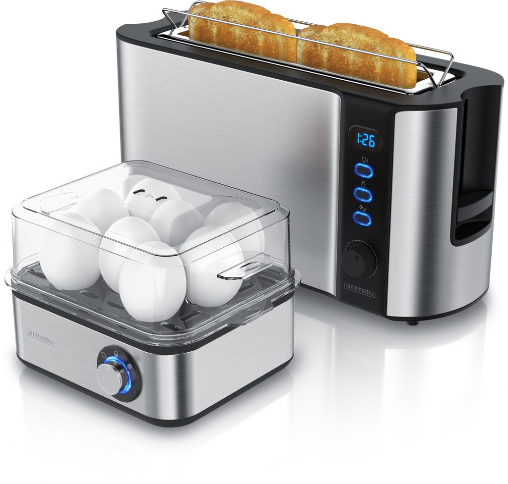Arendo 2-teiliges Frühstücksset, 2-Scheiben Langschlitztoaster FRUKOST, 8er Eierkocher, Silber