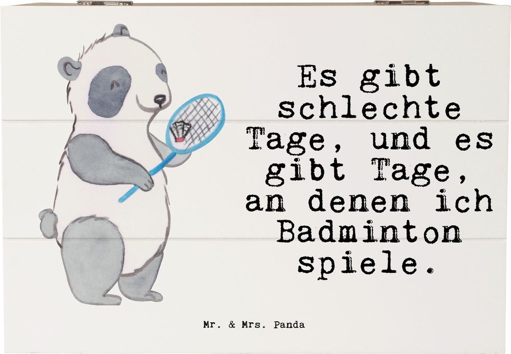 Mr. & Mrs. Panda Holzbox Panda Badminton 22 x 15 cm - Weiß - Geschenk, fotobox, Holztruhe, Aufbewahrungskiste, truhe mit deckel, Schatzkiste, holz...