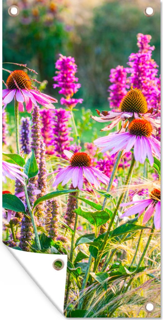 MuchoWow 80x160 cm Outdoor-Poster Gartendeko Sichtschutz Garten Poster für den Garten Ziergras mit rosa Blüten
