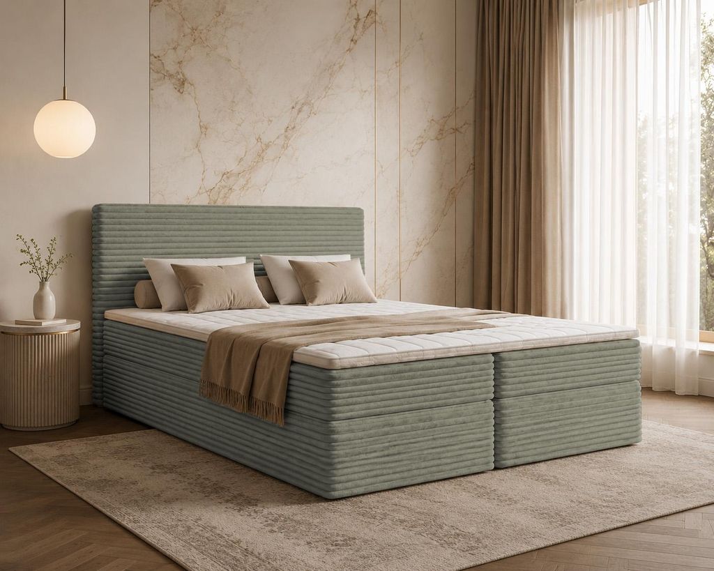 Bett Boxspringbett NESO Topper VISCO mit Bettkästen - Doppelbett, Stauraum, Schlafzimmer, Polsterbett, Bettgestell (120x200, Olive - Tilia 37)