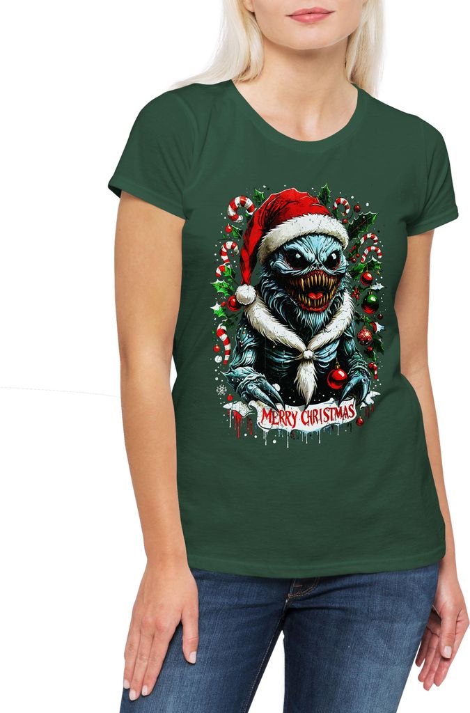 Urban Backwoods Merry Christmas Monster, Damen T-Shirt, Farbe: Grün, Größe: XL