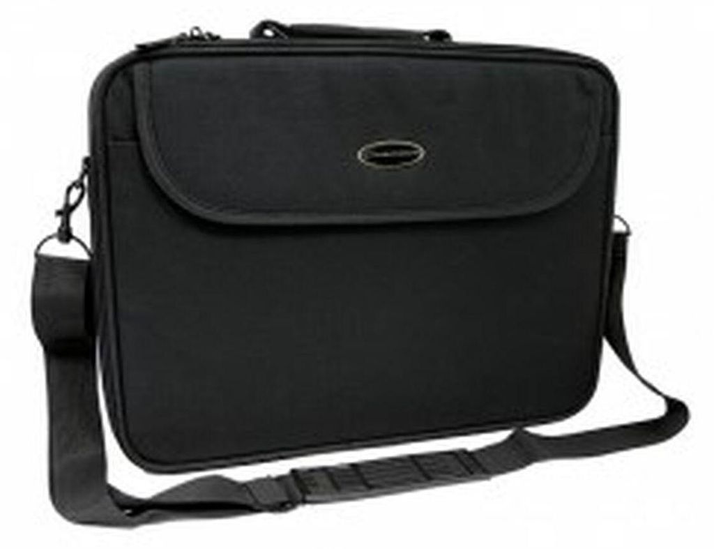 A black laptop bag is shown against a white background.