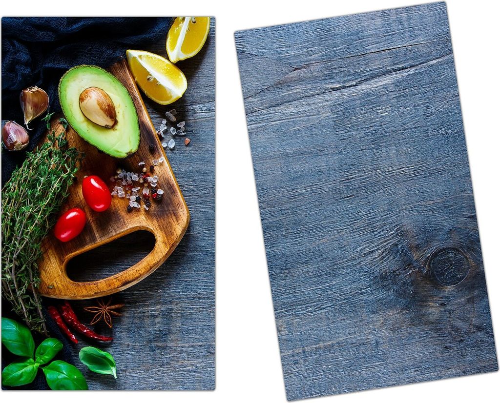 Spritzschutz Herdabdeckplatte Schneidebrett aus Glas Avocado und Tomaten 2-Teilig (60x52cm)