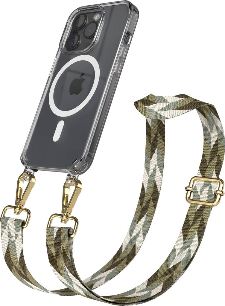 EAZY CASE - Handykette mit MagSafe Hülle für Apple iPhone 15 Pro, Handyband Mix Style, Karabiner Gold, Umhängeband in Grün